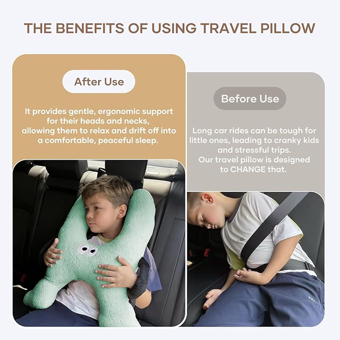 Car Pillow for Kids,H-Shaped Adjustable Travel Neck Pillow for Sleeping,Soft Plush Support for Head & Neck, Long Road Trip Essentials for Boys Girls(Green)