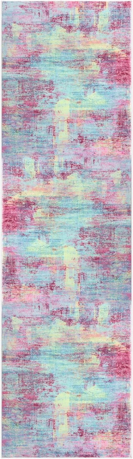 IOHOUZE Abstract Runner Rug 2x7 Ft Washable Runners for Hallways, Non Slip Kitchen Runner Printed Faux Wool Entryway Runners Indoor, Modern Abstract Floor Carpet for Hall Kitchen Bedroom, Pink Teal