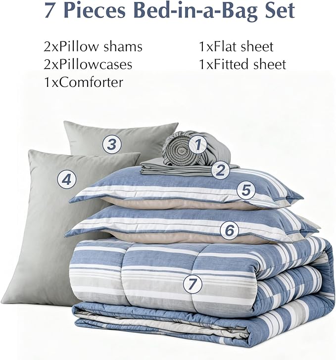 Full Comforter Set Striped, Sea Blue Bedding Set 7 Pieces for Boys Girls Teen, All Season Bed in a Bag for Dorm with Sheets, Pillowcases & Shams