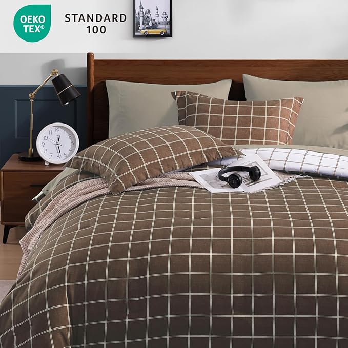 Plaid Queen Comforter Set Brown, Reversible Checkered Bedding Set 7 Pieces for Boys Girls Teen, Lightweight Bed in a Bag for Dorm with Sheets, Pillowcases & Shams