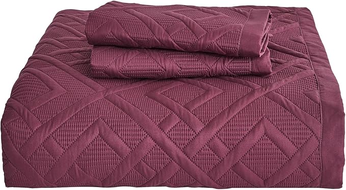 CHIXIN Quilt Queen Size - Geometric Pattern Bedspread Coverlet Set - Modern & Contemporary Style Bedding Cover, Ultrasonic Quilting, Reversible, Lightweight, 4 Piece, Burgundy & Wisteria