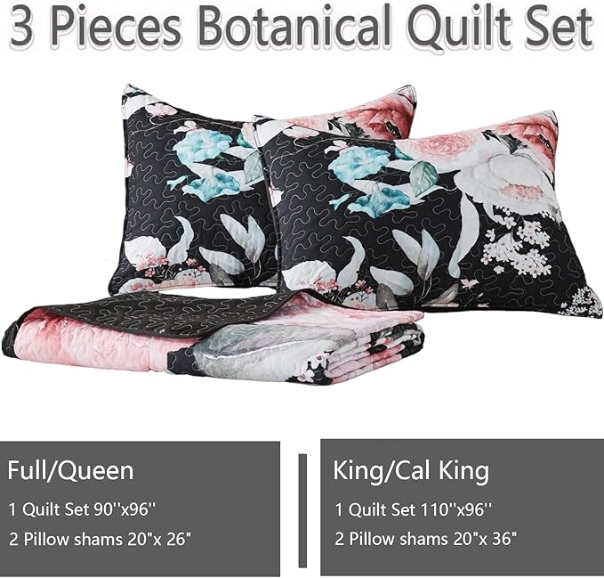 Yogeneg King Size Quilt Set, Pink Floral Botanical Pattern Black Bedding Set,3 Piece Lightweight Soft Summer Bedspread Coverlet with 2 PIillow Sham for All Season(Pink Floral,110"x96")
