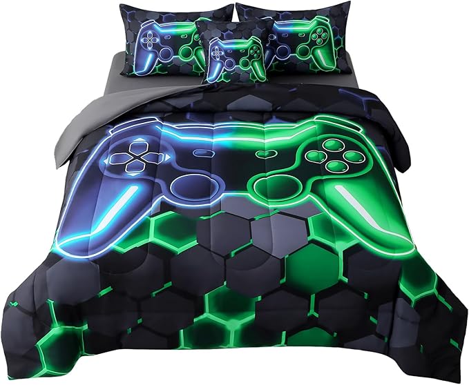 JQinHome Twin Gaming Bedding Set 6-Piece Comforter for Kids Teens - 3D Video Game Console Print Bed in a Bag with Ultra-Soft Fluffy Sheets, Blue-Green Unisex Design (Twin)