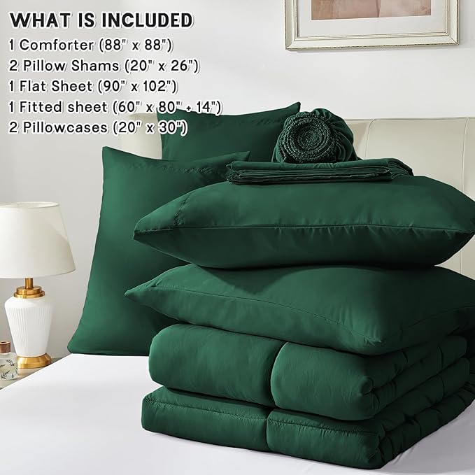 Anluoer Queen Comforter Set 7 Piece, Emerald Green Bed in a Bag with Sheets, Comforters Queen Size Bedding Sets with 1 Comforter, 2 Pillow Shams, 2 Pillowcases, 1 Flat Sheet,1 Fitted Sheet