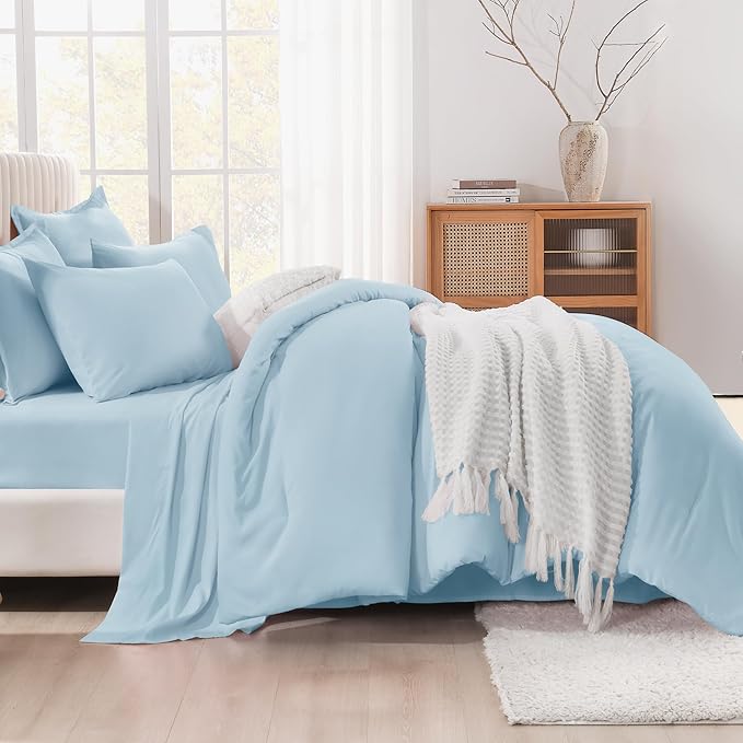 Litanika Comforter King Size Set Light Blue - 7 Pieces Bed in a Bag King Bedding Comforter Sets, Plain Lightweight Bed Set with Comforter, Sheets, Pillowcases & Shams