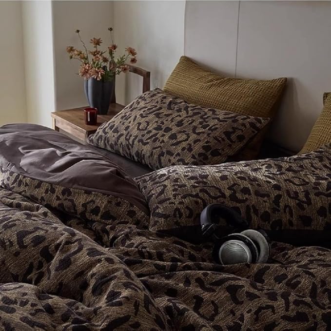 LifeTB Leopard Print Duvet Cover King Yarn-Dyed Jacquard Cotton Duvet Cover Brown Leopard Pattern Comforter Cover Farmhouse Bedding Set Animal Cheetah Printed Comforter Cover with 2 Pillowcases
