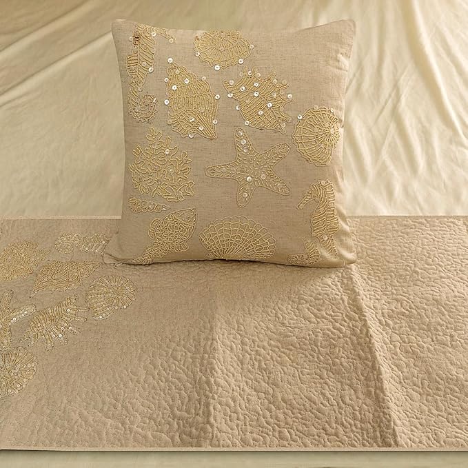 The HomeCentric King Queen Twin Beige Handmade King 90"x18" Bed Runner with 2 Pillow Cover, Pearl Embroidery Bed Scarf on Linen Fabric - Off to The Sea