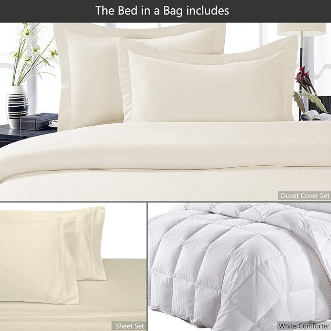 8 Pieces 100% Cotton Solid Ivory Queen Goose Down Bed in a Bag Set Including 600TC Sheet Set + 600TC Duvet Cover Set+ All Season Striped Goose Down Comforter 600 Fill Power