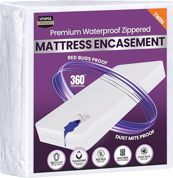 Utopia Bedding Premium Waterproof Bed Bug Mattress Cover, Twin Zippered Mattress Protector, 8 Inches Deep, Dust Mite Proof 6-Sided Mattress Encasement for Bed