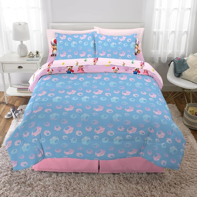 Super Mario Girl Princess Peach Girl Gamer Kids Bedding Super Soft & Cozy Reversible Microfiber Comforter and Sheet Set with Sham, 7 Piece Full Size, (Officially Licensed Product) by Franco