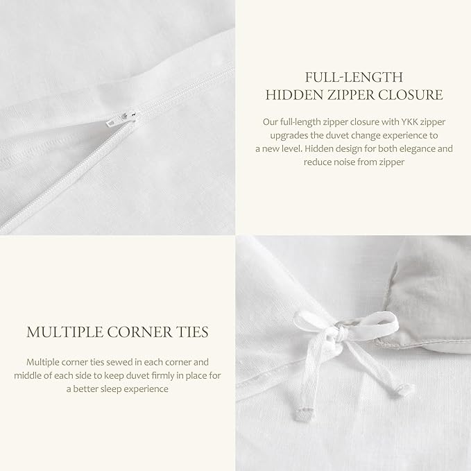 DAPU 100% Linen Duvet Cover Full 3PCs, Pure Natural French Flax Linen Duvet Cover King 80"x90" with Multiple Corner Ties and Zipper Closure, Soft Breathable Durable for Hot Sleepers (White, Full)