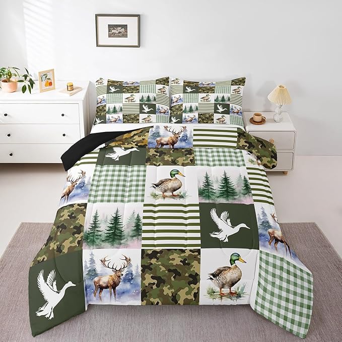 Feelyou Kids Mallard Duck Comforter Set Queen Size, Duck Hunting Bedding Set Green Duck Comforter for Boys Girls Deer Hunting Duvet Insert Bed Set 3Pcs