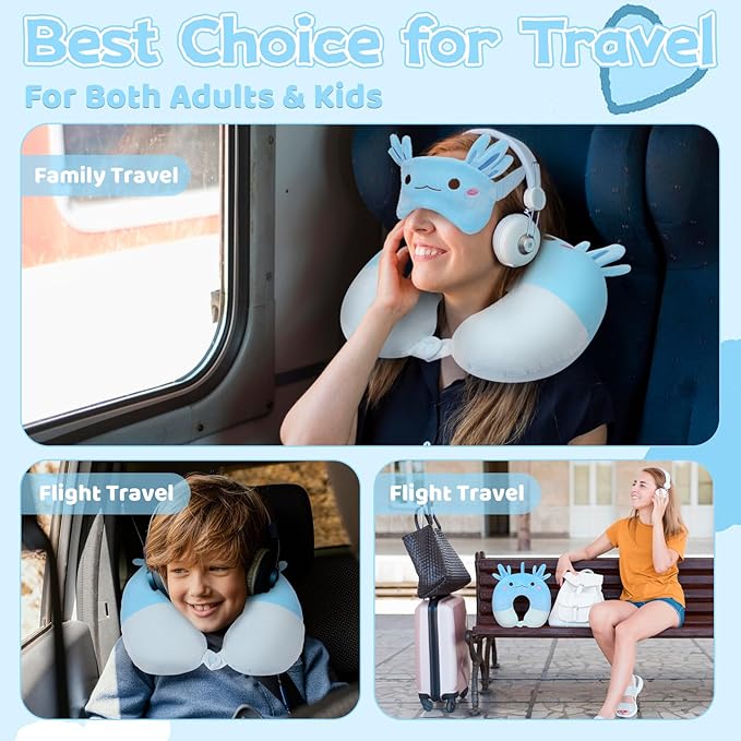 Kids Neck Pillows for Travel, Travel Pillow with Eye Mask Cartoon Axolotl U Shaped Neck Pillow for Sleeping Travel, Head Support Neck Pillow for Kids Teens Airplane Roadtrip Car