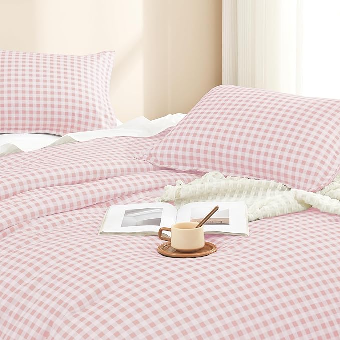 Andency Pink Gingham Comforter Set Twin(66x90Inch), Blush Checkered Grid Plaid Buffalo Bed Set for Girls Boys Kids Teens, 2 Pieces Lightweight Microfiber Geometric Preppy Bedding