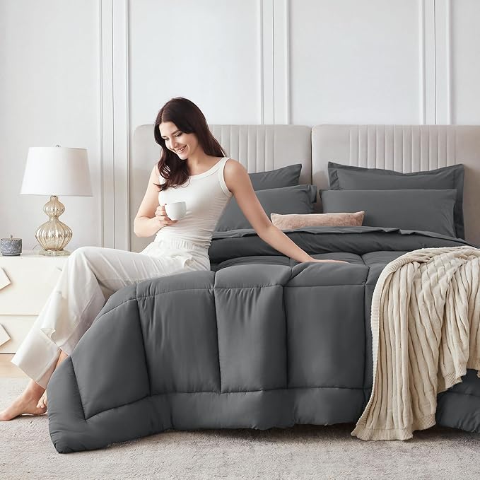 Sasttie Queen Comforter Set, 7 Pieces Bed in a Bag Queen, Complete Bedding Set Includes Grey Comforter, Flat Sheet, Fitted Sheet, Pillowcases and Pillow Shams, Dark Grey