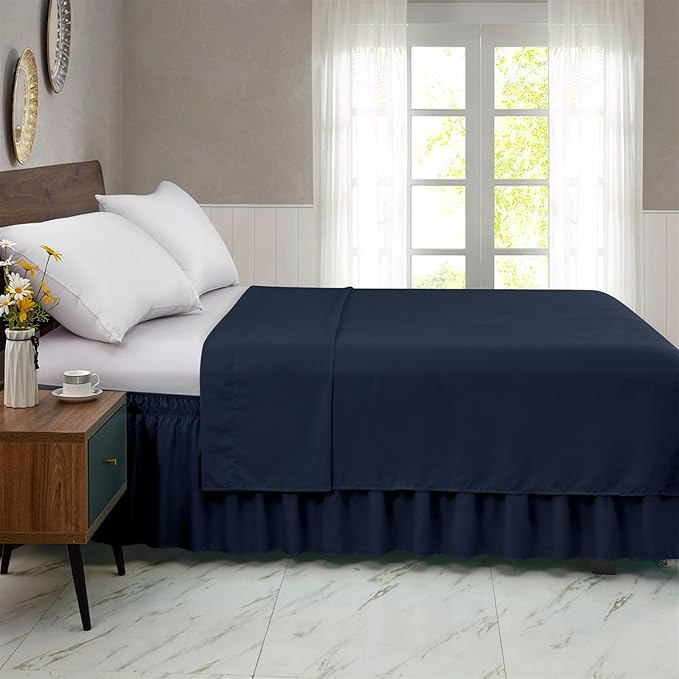 FreshCulture Twin Bed Skirt, Elastic Wrap Around Bed Skirt Twin Bed, Easy Fit with 15-Inch Tailored Drop, Hotel Quality Bed Skirts for Adjustable Bed (Navy Blue)