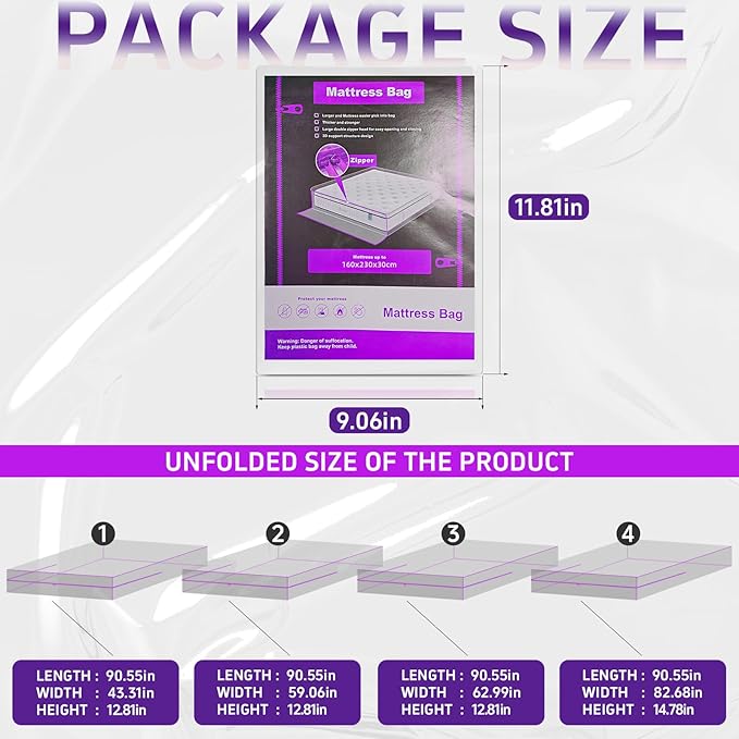 Gooo&Ma 6Mil Thicken Mattress Bag for Moving, Waterproof Zippered Mattress Cover for Storage, Reusable Plastic Encasement, Tear Proof Dust Proof Protection(Purple, Twin)