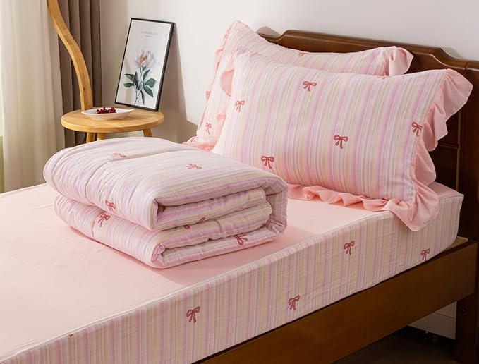 Meeting Story 3pcs Kids Comforter Set Twin Zipper Bedding Set for Girls,Bow Bedding Set Princess Comforter Set for Kid,All in one Zipper Bedding(Lightpink,Twin)