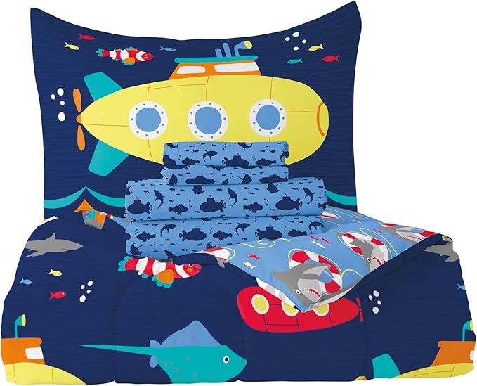 dream FACTORY Kids 5-Piece Complete Set Easy-Wash Super Soft Microfiber Comforter Bedding, Twin, Navy Submarine