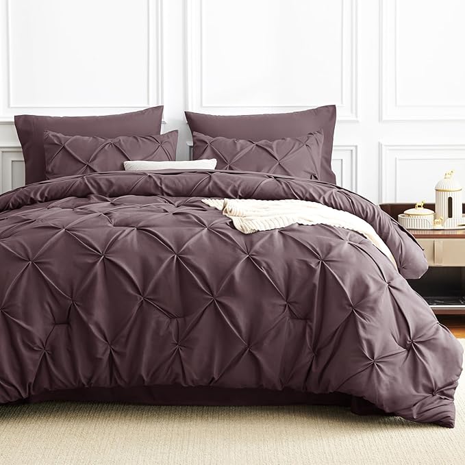CozyLux Full Size Comforter Sets Cocoa Powder, 7 Pieces Pintuck Bed in A Bag Cocoa Powder Comforter Full Size, Pinch Pleat Bedding Sets with All Season Comforter, Sheets, Pillowcases & Shams