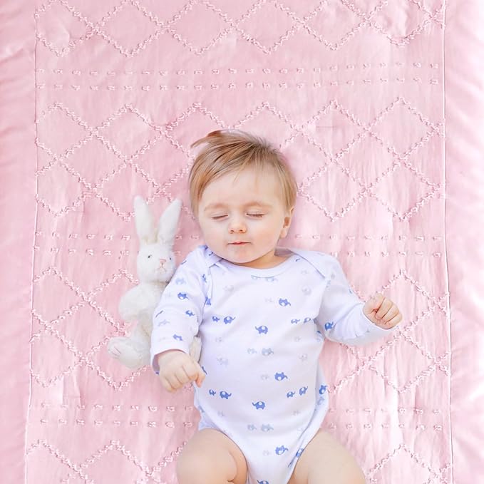 Wowelife Boho Mini Crib Bedding Set for Girls, 3 Piece Tufted Jacquard Ruffle Fringe Baby Girl Crib Bedding Set Newborn, Infant & Nursery with Comforter, Crib Fitted Sheet and Crib Skirt, Pink