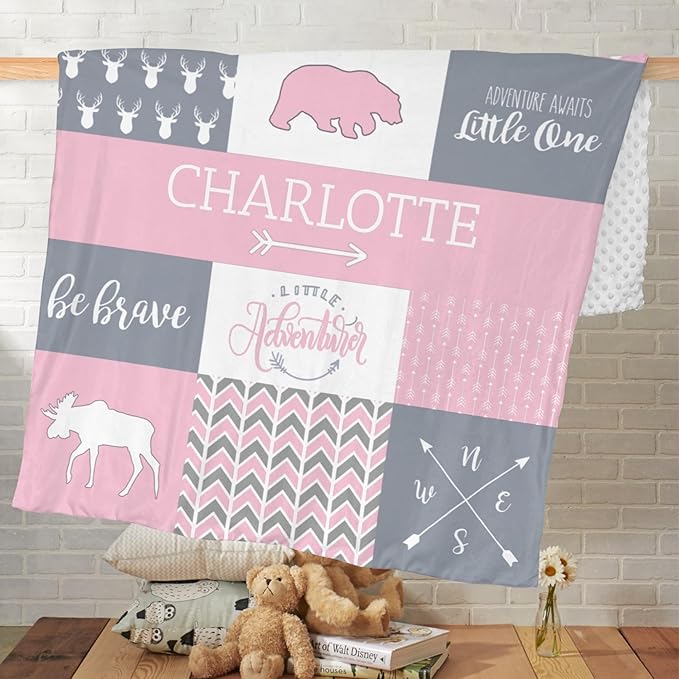 Custom Micro Fleece Baby Blanket for Girls with Double Layer and Soothing Raised Dots, Breathable and Soft Lightweight Receiving Blanket for Newborns, 35x45 Inches, Woodland Bear, Baby Pink