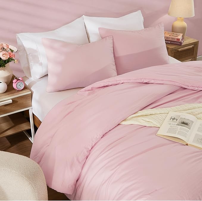 WRENSONGE Full Size Comforter Sets - 3 Pieces Soft Pink Comforter Prewashed Soft Lightweight for All Seasons, Fluffy Down Alternative Comforter Full Size with 2 Pillow Shams