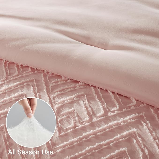 Zzlpp King Comforter Set 7 Pieces, Pink Tufted Bed in a Bag with Comforter and Sheets, All Season Boho Bedding Sets with 1 Comforter, 2 Pillow Shams, 2 Pillowcases, 1 Flat Sheet, 1 Fitted Sheet