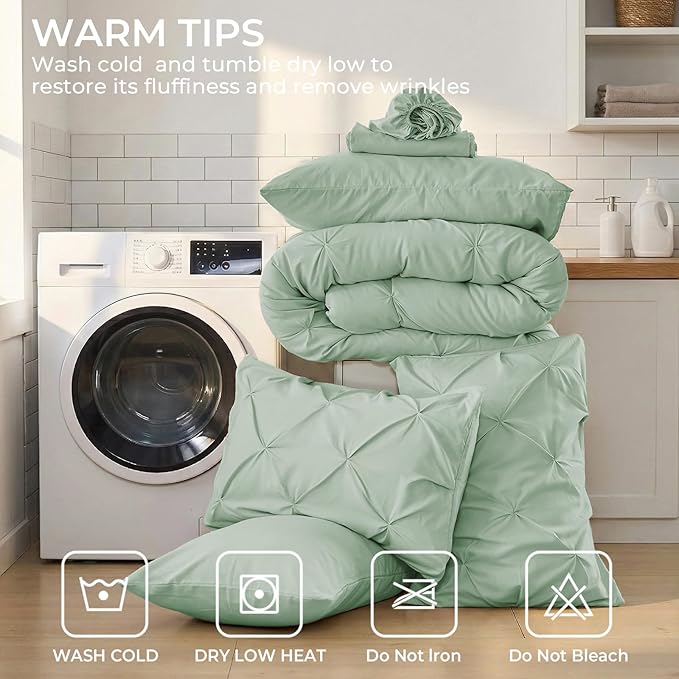 Sasttie Full Size Comforter Set, 7-Piece Bed in a Bag, Pintuck Bedding Sets for All Season, Includes Comforter, Flat Sheet, Fitted Sheet, Pillowcases and Pillowshams, Sage