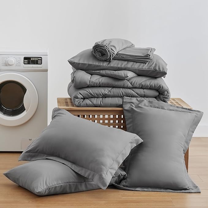 Love's cabin King Size Comforter Set Grey, 7 Pieces King Bed in a Bag, All Season Bedding Sets with 1 Comforter, 1 Flat Sheet, 1 Fitted Sheet, 2 Pillowcase and 2 Pillow Sham