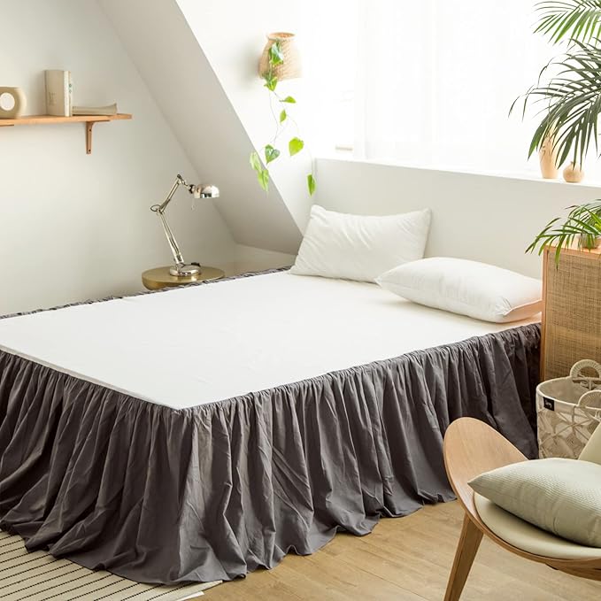 BISELINA French Linen Bed Skirt with Pleated Frills 22-Inch Tailored Drop Natural Flax Cotton Blend Dust Ruffle Soft Cozy Farmhouse Bedding (22" Queen, Ruffle Dark Grey)