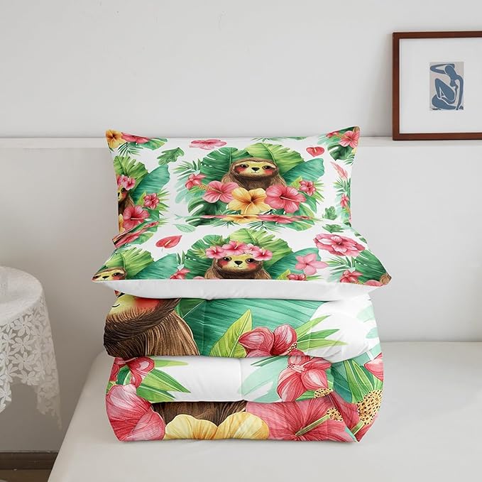 Erosebridal Cartoon Sloth Comforter Set Kawaii Sloth Bedding Palm Leaf Cherry Blossom Monstera Quilt Hawaiian Tropical Leaf Animal Duvet Insert for Kids Boys Girls, 3Pcs King Size