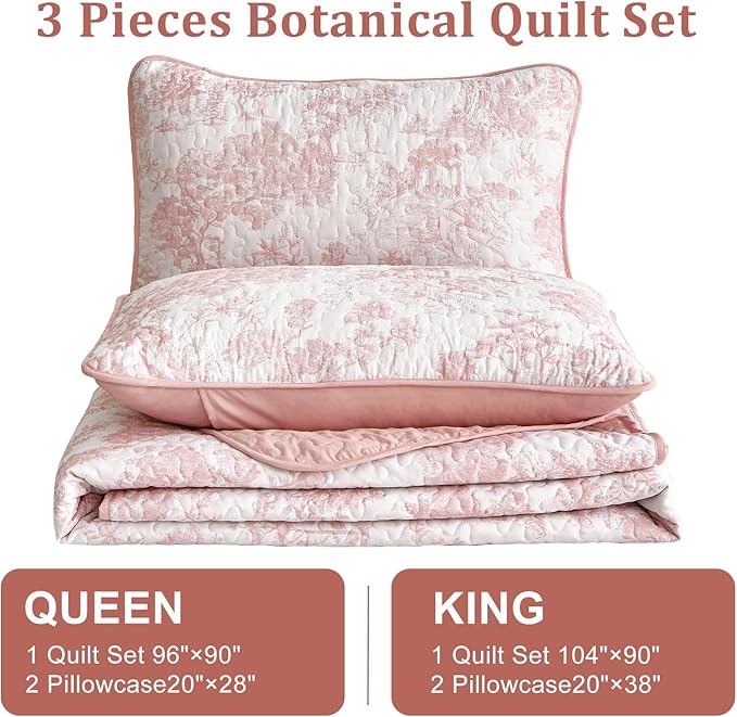 WONGS BEDDING Botanical Quilt Set Full Size, Pink 3 Pieces Toile Floral Plants Printed Bedspread Bedding Set Soft Lightweight Microfiber Coverlet Set for All Season (90"x78")