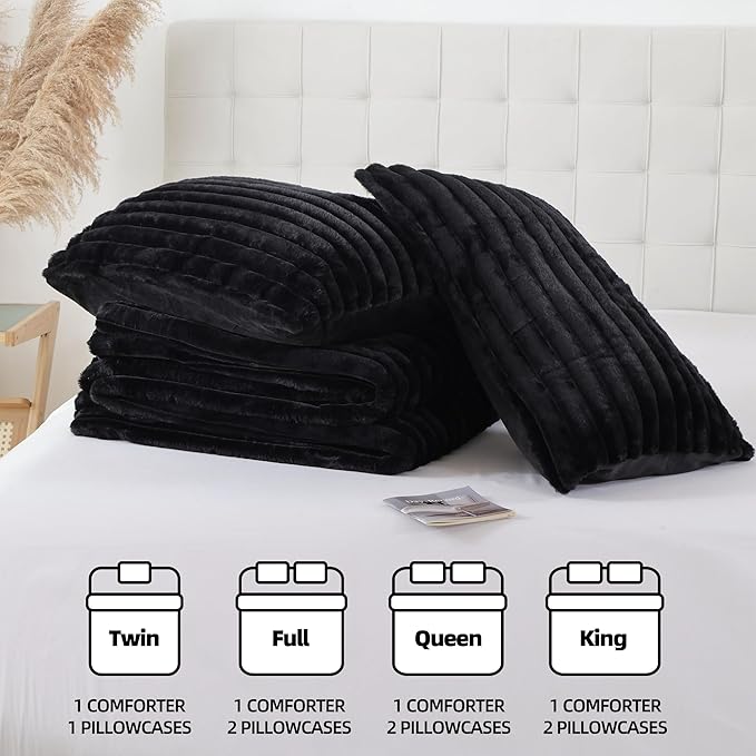 Smoofy Fluffy Full Size Comforter Sets 3 Pieces - Black Fleece Fluffy Comforter Set, Luxury Fuzzy Full Bed Set, Soft Comforter Full Size All Season, Heavy Faux Fur Comforter with 2 Pillow Cases