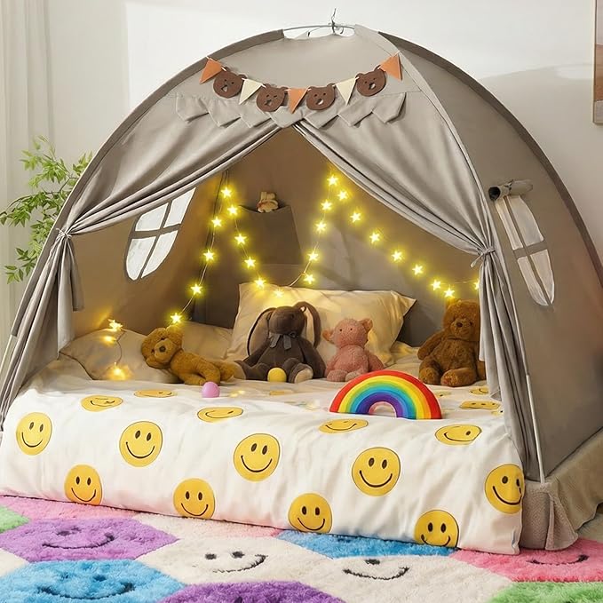 Full Bed Tent, Bunk Bed Tent Canopy with Stars Light & Flags, Breathable Sleeping Drafty, Privacy Space Dream Playhouse for Indoor Floor, Birthday Gifts, Grey