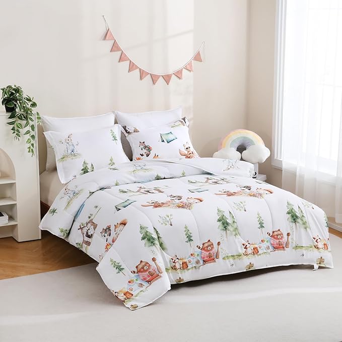 Yibeizi Camper Themed Comforter Set Full Size, Kids Woodland Animals Printed Bedding Set with Pillow Sham, Cute Lightweight Soft Breathable Machine Washable Quilted Bed Comforter Set 3 Piece