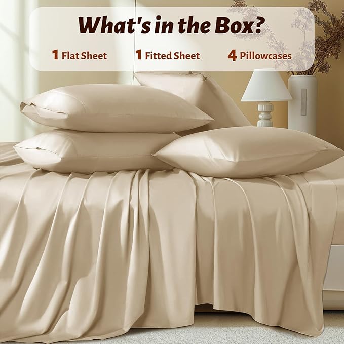 Shilucheng 100% Egyptian Cotton Queen Size Sheets Set - 1000 Thread Count,Luxury Cotton Bed Sheets,Breathable & Cooling Bedding and Pillow Cases, 16 Inch Deep Pocket - 6 Piece (Beige, Queen)