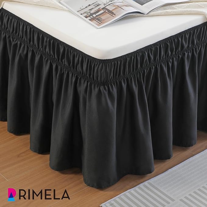 RIMELA Black King Size Bed Skirt 12 Inch Drop, Elastic Bed Skirts Cal King Dust Ruffle, Black Bedskirt for Adjustable Bed Base Solid Fade Resistant Silky Fabric Machine Washable Easy to Install