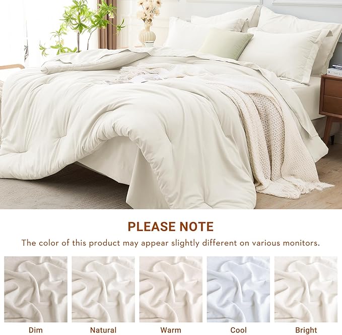 MUXHOMO 7 Pieces Full Comforter Set, Soft Bed in a Bag Full Size, All Season Bedding Set with Comforter, Flat Sheet, Fitted Sheet, Pillowcases & Shams, Ivory