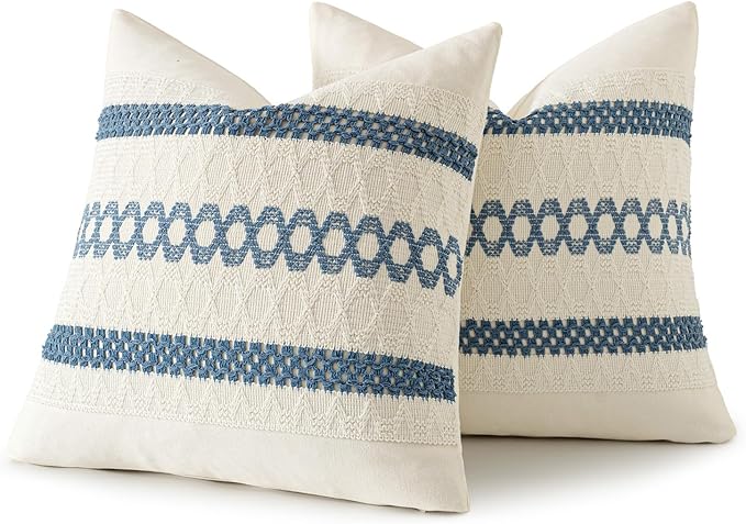 MIULEE Set of 2 Coastal Blue Boho Decorative Pillow Covers 16x16 Inch Farmhouse Rustic Couch Throw Pillows Modern Cotton Cushion Covers Retro Cute Macrame Woven Spring Home Decor for Bed Sofa Chair