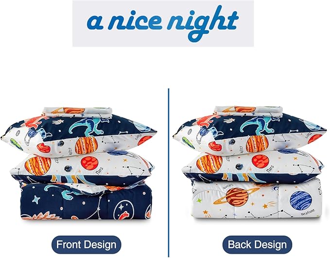 A Nice Night 5pc Glow in The Dark Kids Comforter Set,Dinosaur Galaxy Printed, Space Bedding Set Twin Size for Boys Girls Teen