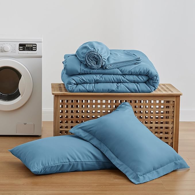 Love's cabin Twin Comforter Set Misty Blue, 5 Pieces Twin Bed in a Bag, All Season Bedding Sets with 1 Comforter, 1 Flat Sheet, 1 Fitted Sheet, 1 Pillowcase and 1 Pillow Sham