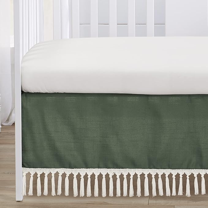Sweet Jojo Designs 4-Piece Baby Crib Bedding Set (Green Boho Linen) for Boys or Girls, Infants/Nursery incl. Blanket, 100% Cotton Fitted Sheet, Skirt, Diaper Stacker (Sage, Chevron, Neutral Farmhouse)