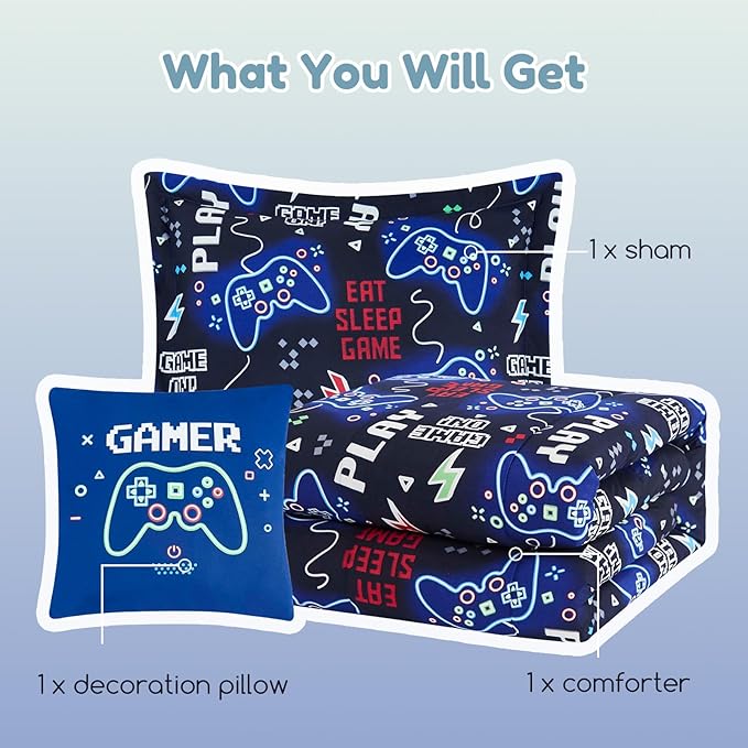 Twin Comforter Set for Boys-3 Pieces Gamer Glow in The Dark Twin Bedding Sets for Kids,1 Comforter,1 Sham and 1 Decor Pillow