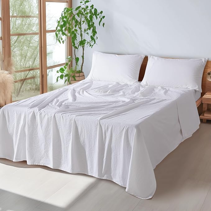 SONORO KATE 100% French Pure Linen Sheets, Breathable and Durable Linen Full Size Sheets, Anti-Tear Linen Bed Sheets, Machine Washable, 16 Inch Deep Pocket - 4 Piece (White, Full)