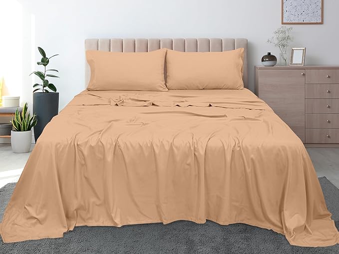 Royale Linens 300 Thread Count 100% Long Staple Combed Cotton Flat Sheet - Super Soft - Top Sheets - Full Flat Sheet Sold Separately - Breathable, Cool & Crisp Percale Sheets Only (Full, Sand)