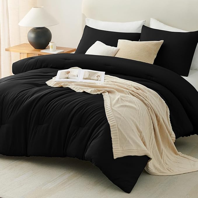 CozyLux Black Comforter Set Twin/Twin XL Size, 2 Pieces Twin Extra Long Solid Breathable Quilted Bedding Sets, Luxury Fluffy Soft Bed Set with Down Alternative Comforter and 1 Pillowcase All Season