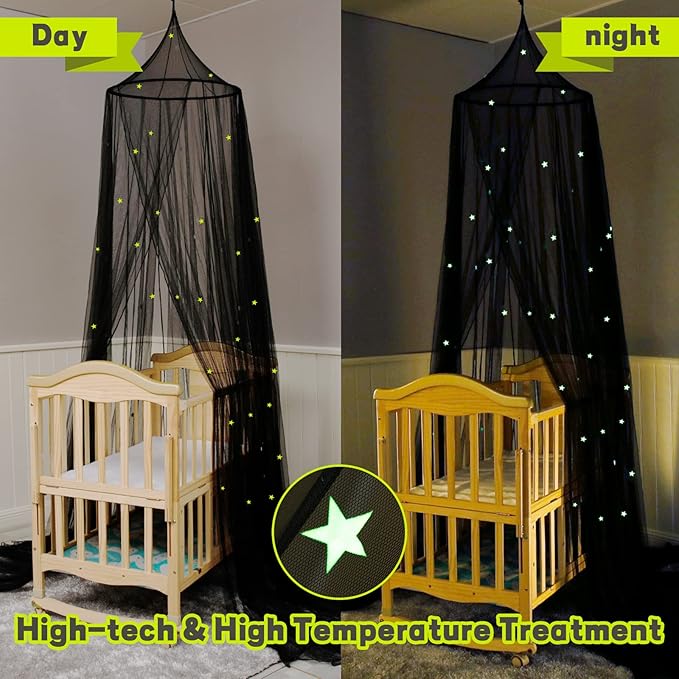 South to East Bed Canopy with Glowing Stars in The Dark, Black Bed Curtains for Kids Bed & Toddler Bed, Twin, Full & Queen, Mosquito Net Canopy for Adult Bedoom, Easy to Install