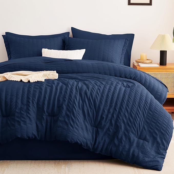 CozyLux Oversized Queen Comforter Set Navy Blue Seersucker 7 Pieces Bed in a Bag Queen Comforter Set with Sheets, Luxury Soft Bedding Set with Down Alternative Comforter, Sheets, Pillowcases & Shams