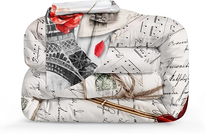 Bedbay Eiffel Tower Comforter Set King Size French Style Bedding Romantic Paris Retro Letter Rose Flowers Printed Paris Room Decor 4-Piece Soft Microfiber Girls Women Quilt Set (Red, King)